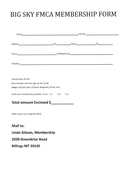 Big Sky FMCA Membership Form